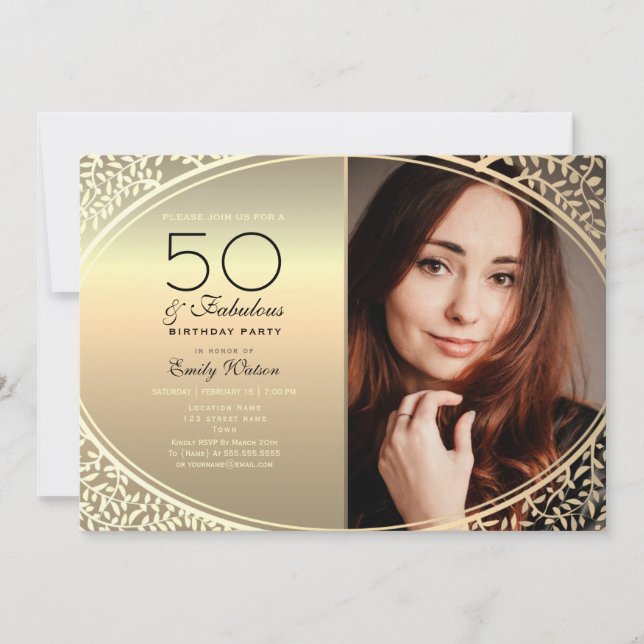 Invitation Elégant Anniversaire 50 ans Noir et Or (Devant)