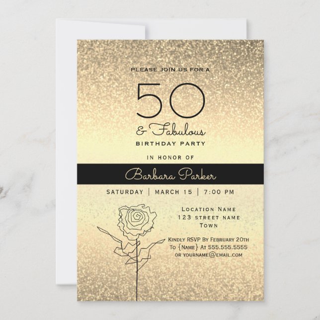Invitation Elégant Anniversaire 50 ans Noir et Or (Devant)