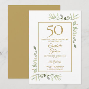 Invitation Élégant Anniversaire 50 ans Vert Foncé Aquarelle O
