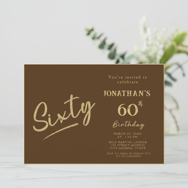 Invitation Élégant Anniversaire 60 Ans Brun Or Écriture Pince (Debout devant)