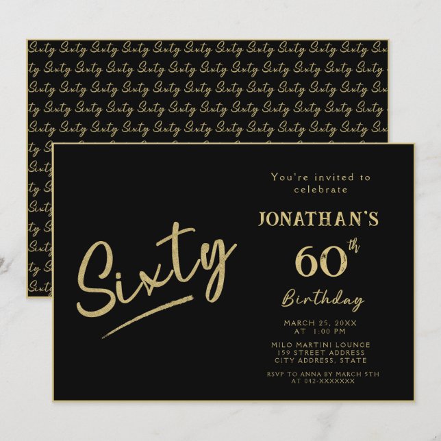 Invitation Élégant Anniversaire 60 ans écriture pinceau noir  (Devant / Derrière)