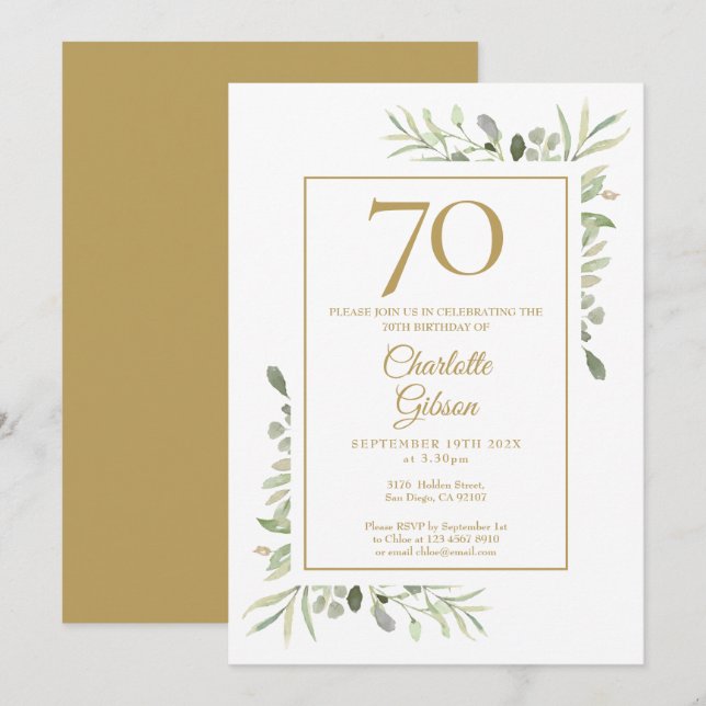 Invitation Élégant Anniversaire 70 ans de verdure à l'aquarel (Devant / Derrière)