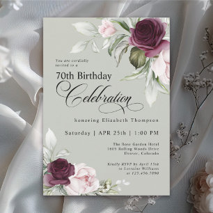 Invitation Élégant Anniversaire 70 Ans Fleur Aquarelle Sage