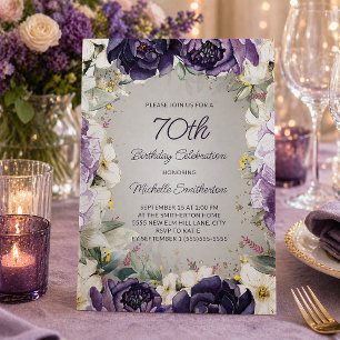 Invitation Elégant Anniversaire 70 Ans Fleurs Blanches Violet