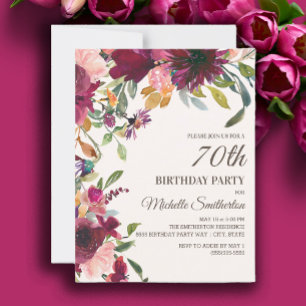 Invitation Elégant Anniversaire 70 ans Fleurs Rose Violet Or