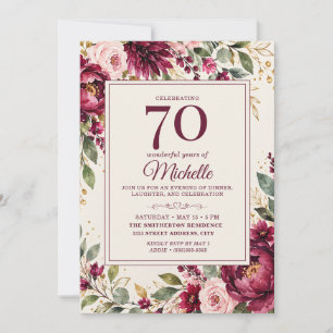 Invitation Élégant Anniversaire 70 Ans Fleurs Rouge Bourgogne