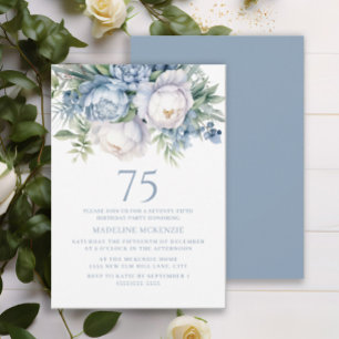 Invitation Elégant Anniversaire 75 ans Bleu Poussiéreux Flora