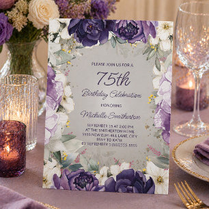 Invitation Elégant Anniversaire 75 ans Fleurs Paillettes Viol