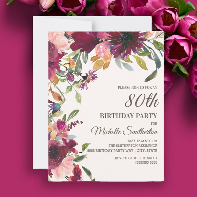 Invitation Elégant Anniversaire 80 ans Fleurs Rose Violet Or (Burgundy and pink watercolor floral 80th birthday party invitation)