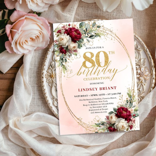 Invitation Élégant Anniversaire 80 Ans Floral Bohème Bourgogn (Elegant Burgundy Bohemian Floral 80th Birthday Invite)