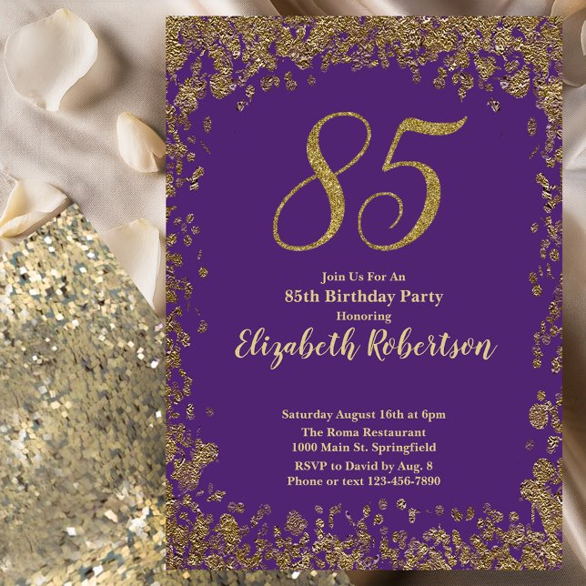 Invitation Elégant Anniversaire 85 ans Violet et Or (Créateur téléchargé)