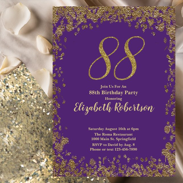 Invitation Élégant Anniversaire 88 ans Violet et Or (Créateur téléchargé)