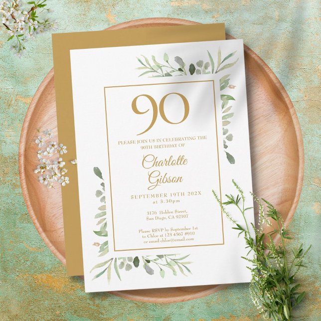 Invitation Élégant Anniversaire 90 Ans Aquarelle Dorée Végéta (Créateur téléchargé)