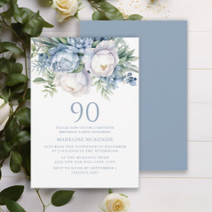 Invitation Elégant Anniversaire 90 ans Bleu Poussiéreux Blanc