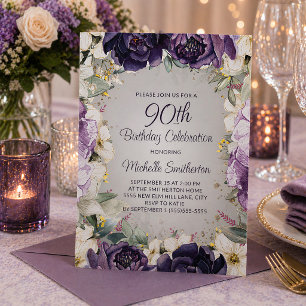 Invitation Elégant Anniversaire 90 ans Fleurs Paillettes Viol