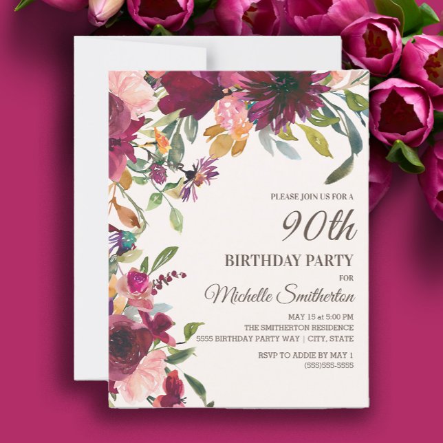 Invitation Elégant Anniversaire 90 ans Fleurs Rose Violet Or (Burgundy and pink watercolor floral 90th birthday party invitation)
