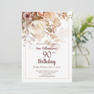 Invitation Élégant Anniversaire 90 Ans Floral Aquarelle