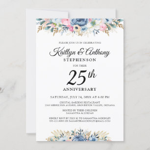 Invitation Elégant Anniversaire Aquarelle Floral Blue Gold