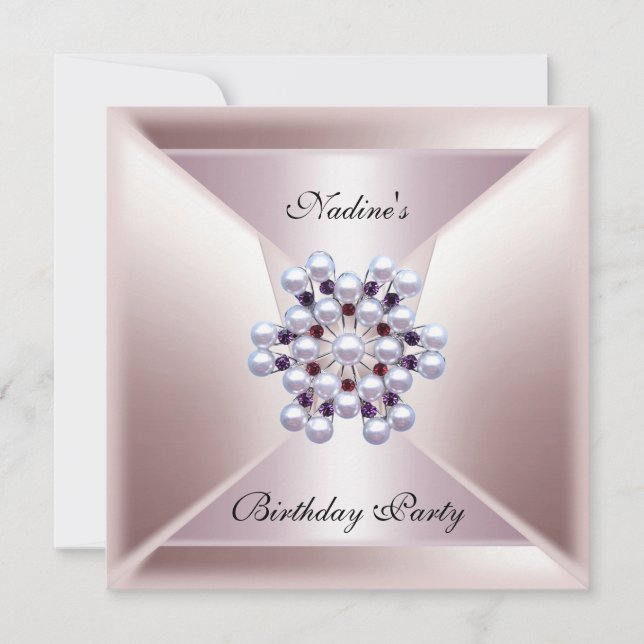 Invitation Elégant Anniversaire Bijou Blanc Perle Rose (Devant)