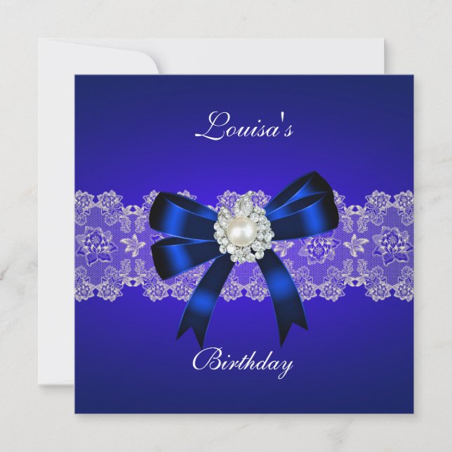 Invitation Elégant Anniversaire Bleu Royal Perle Blanc Dentel (Devant)