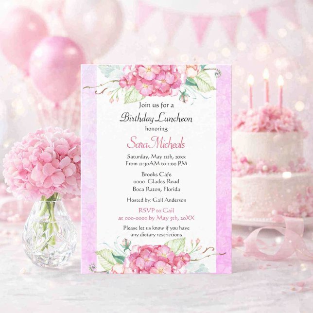 Invitation Élégant Anniversaire Botanique Rose  (Celebrate in style with this watercolor floral birthday luncheon invitation featuring pink hydrangea)