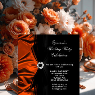Invitation Elégant Anniversaire Brûlé Orange Soie Look Noir