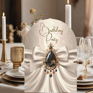 Invitation Élégant Anniversaire Crème Beige Or Bijou Nœud