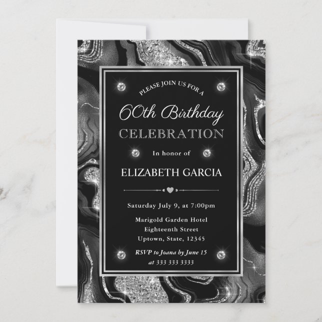 Invitation Elégant Anniversaire de 60 ans Paillettes Agate No (Devant)