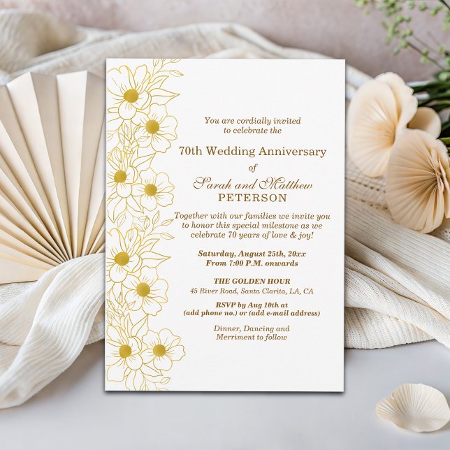 Invitation Élégant Anniversaire de Mariage 70 ans Fleurs Or (Créateur téléchargé)
