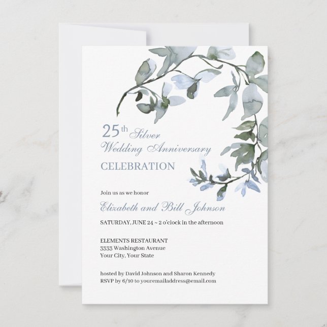 Invitation Élégant Anniversaire de Mariage de 25 ans Fleur Bl (Devant)