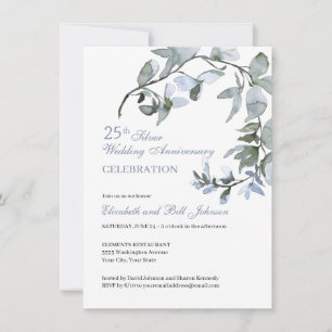 Invitation Élégant Anniversaire de Mariage de 25 ans Fleur Bl