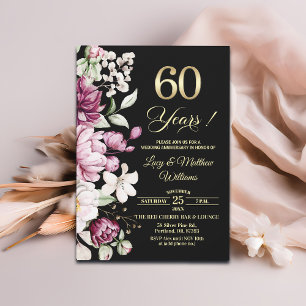 Invitation Élégant Anniversaire de Mariage Fleur Or 60 ans