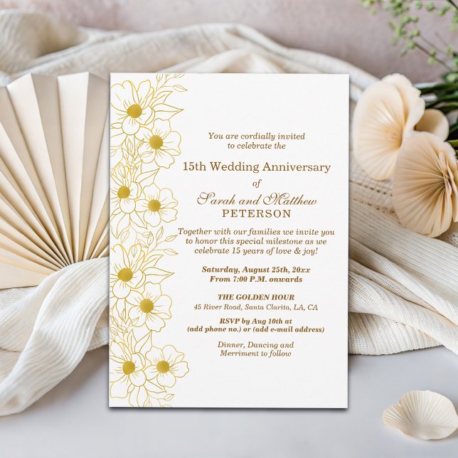 Invitation Élégant Anniversaire de Mariage Fleurs Or 15 Ans (Créateur téléchargé)
