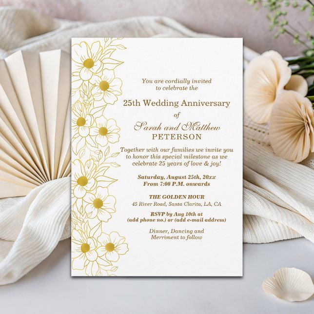 Invitation Élégant Anniversaire de Mariage Fleurs Or 25 Ans (Créateur téléchargé)