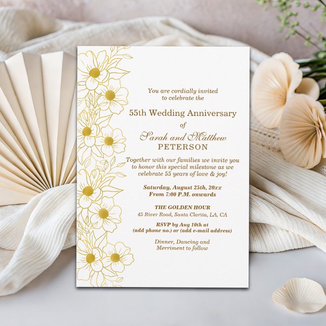 Invitation Élégant Anniversaire de Mariage Fleurs Or 55 Ans (Créateur téléchargé)