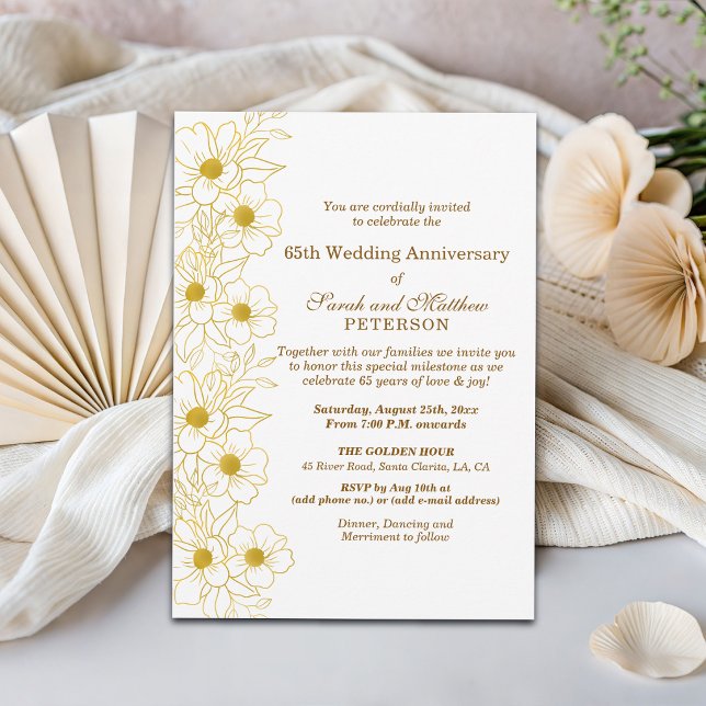 Invitation Élégant Anniversaire de Mariage Fleurs Or 65 ans (Créateur téléchargé)