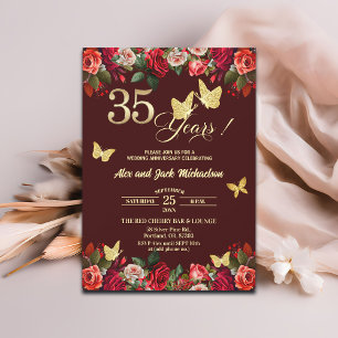 Invitation Élégant Anniversaire de Mariage Floral Or 35 ans