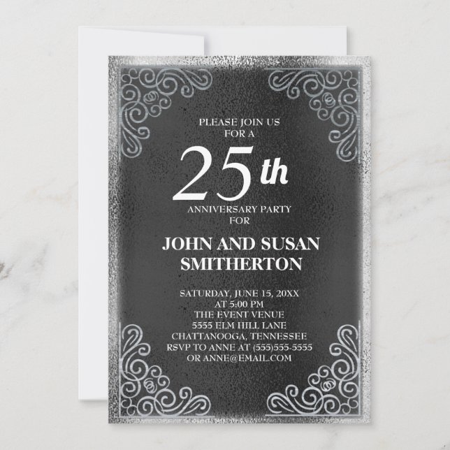 Invitation Élégant Anniversaire de Mariage Noir Argent 25 Ans (Devant)