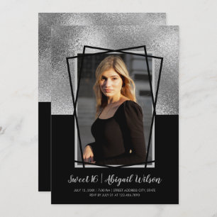 Invitation Elégant anniversaire de sweet sixteen noir argent 