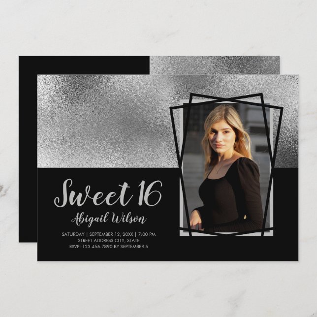 Invitation Elégant anniversaire de sweet sixteen noir argent  (Devant / Derrière)