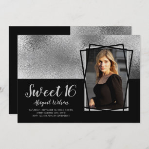 Invitation Elégant anniversaire de sweet sixteen noir argent 
