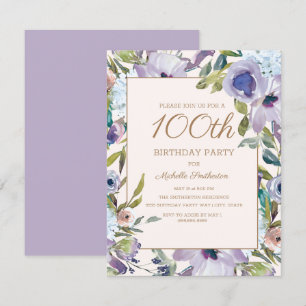 Invitation Elégant Anniversaire des 100 ans Fleur Violet Lila