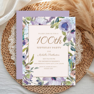 Invitation Elégant Anniversaire des 100 ans Fleurs Mauve Lila