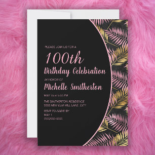 Invitation Élégant Anniversaire des 100 ans Noir Rose Or
