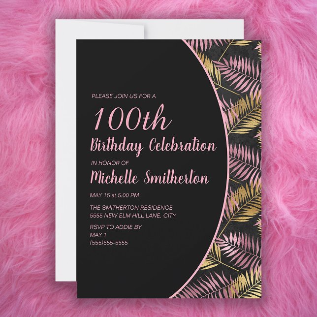 Invitation Élégant Anniversaire des 100 ans Noir Rose Or (Créateur téléchargé)