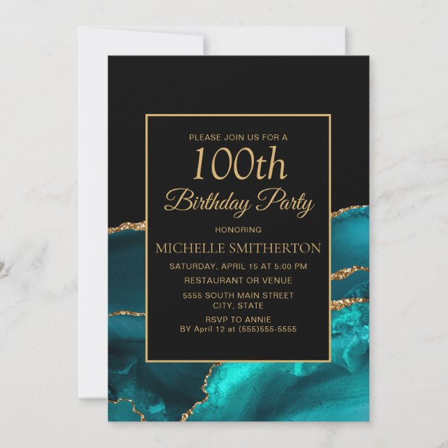 Invitation Élégant Anniversaire des 100 ans Teal Noir Marbre  (Devant)