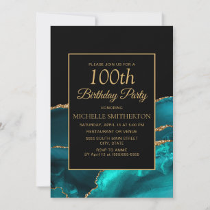 Invitation Élégant Anniversaire des 100 ans Teal Noir Marbre
