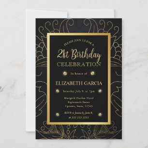 Invitation Élégant Anniversaire des 21 ans Botanique Noir et