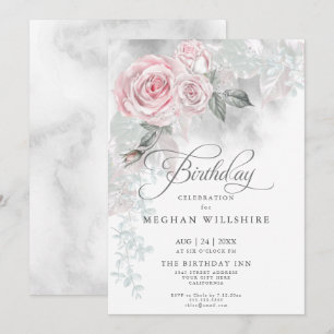 Invitation Elégant Anniversaire Elégant Aquarelle Roses Rose