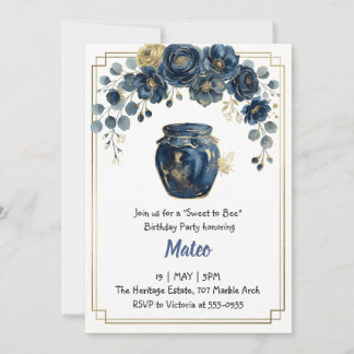 Invitation Elégant Anniversaire Fleurie Abeille Miel Navy Or